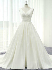 Ivory White Satin V-neck Backless Pleats Wedding Dress With Train