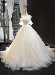 Ivory White Tulle Backless Appliques Wedding Dresses With Train