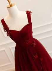 A Line Tulle Long Formal Dresses Wine Red Evening Dresses