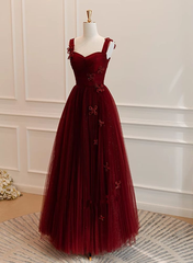 A Line Tulle Long Formal Dresses Wine Red Evening Dresses