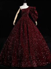 Just Be The One For You Burgundy Ball Gown Sequins One Shoulder Quinceanera Dresses