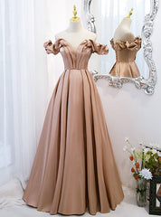 Khaki Satin Off the Shoulder Prom Dresses