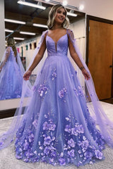 Lavender 3D Floral Lace A-Line Prom Dress with Cape Sleeves