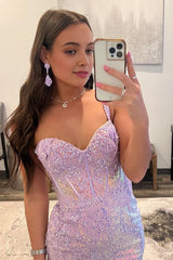 lavender one shoulder sequin corset prom dress with slit