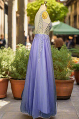 Lavender Tulle Prom Dresses A-line/Princess Long/Floor-Length Sleeveless With Beading Sequins Evening Dresses