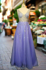 Lavender Tulle Prom Dresses A-line/Princess Long/Floor-Length Sleeveless With Beading Sequins Evening Dresses