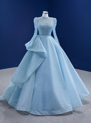 Light Blue High Neck Beading Sequins Prom Dresses