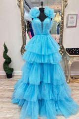 Light Blue Ruffle Straps A-Line Tiered Prom Dress