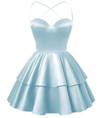 Light Blue Satin Homecoming Dress Sweetheart Neck Tiered Short Graduation Dresses