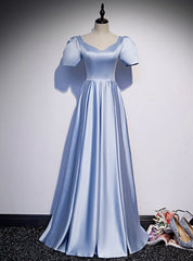 Light Blue Satin V-neck Puff Sleeve Beading Prom Dresses