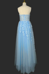 Light Blue Sweetheart Tulle Lace Prom Dresses Long Evening Party Dresses