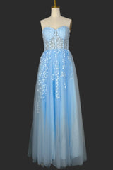 Light Blue Sweetheart Tulle Lace Prom Dresses Long Evening Party Dresses