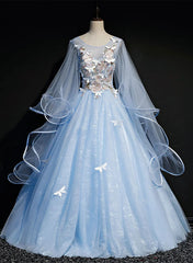 Light Blue Tulle A-line Party Dresses Blue Sweet 16 Gown with Flowers prom Dresses shops