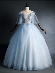 Light Blue Tulle Appliques Off the Shoulder Quinceanera Dresses