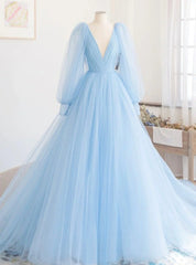 Light Blue Tulle Deep V-neck Long Sleeve Prom Dresses