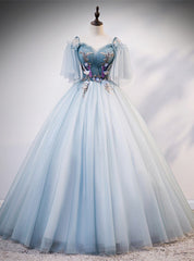 Light Blue Tulle Spagehtti Straps Short Sleeve Quinceanera Dresses