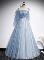 Light Blue Tulle Spaghetti Straps Appliques Prom Dresses