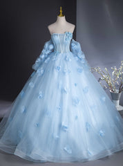 Light Blue Tulle Strapless Long Sleeve 3D Flower Quinceanera Dresses