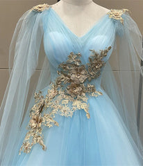 Light Blue Tulle with Gold Lace Applique Party Dresses, Light Blue Prom Dresses