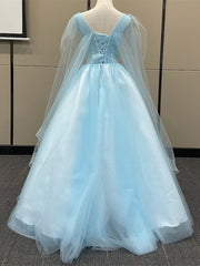 Light Blue Tulle with Gold Lace Applique Party Dresses, Light Blue Prom Dresses