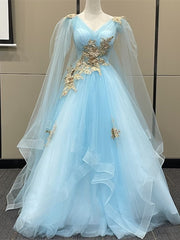 Light Blue Tulle with Gold Lace Applique Party Dresses, Light Blue Prom Dresses