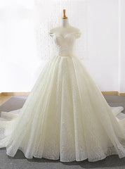 Light Champagne Tulle Off The Shoulder Train Wedding Dresses