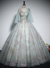 Light Green Tulle Sequins V-neck Quinceanera Dresses