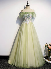 Light Green Tulle Spaghetti Straps Appliques Prom Dresses