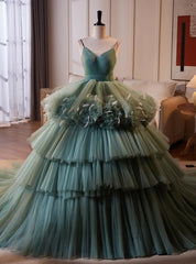 Light Green Tulle Spaghetti Straps Tiers Quinceanera Dresses