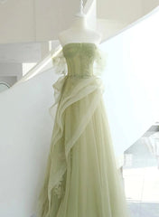 Light Green Tulle with Beaded A-line Prom Dresses Light Green Evening Dresses Party Dresses