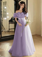 Light Purple Off Shoulder Tulle Party Dress, Light Purple Prom Dress