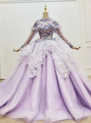 Light Purple Tulle Long Sleeve Appliques Beading Wedding Dresses