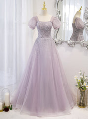 Light Purple Tulle Puff Sleeve Beading Prom Dresses