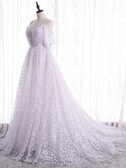 Light Purple Tulle Spaghetti Straps Backless Prom Dresses