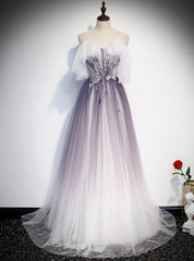 Light Purple Tulle Spaghetti Straps Prom Dresses