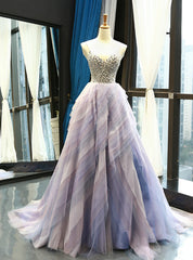 Light Purple Tulle Spaghetti Straps Tulle Backless Crystal Prom Dresses