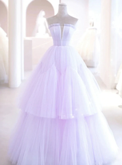 Light Purple Tulle Strapless Pleats Beading Prom Dresses