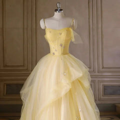 Light Yellow Tulle Long Party Dresses Yellow Tulle Prom Dresses prom Dresses shops