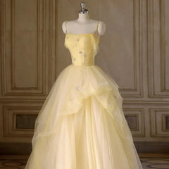 Light Yellow Tulle Long Party Dresses Yellow Tulle Prom Dresses prom Dresses shops