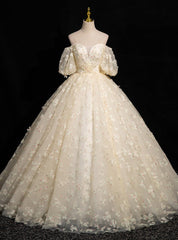 Light Yellow Tulle Puff Sleeve 3D Flower Quinceanera Dresses