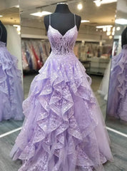 Lilac Lace Spaghetti Straps Prom Dresses