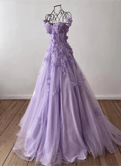 Lilac Sweetheart 3D Flowers Lace Applique Prom Dresses Tulle Evening Dresses prom Dresses shops