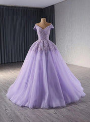 Lilac Tulle Sequins Off the Shoulder Prom Dresses