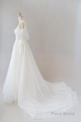 Long A-line Appliques Lace Tulle Wedding Dress with Sleeves