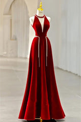 Long Halter V Neck Velvet Burgundy Evening Dresses with Beading