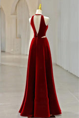 Long Halter V Neck Velvet Burgundy Evening Dresses with Beading