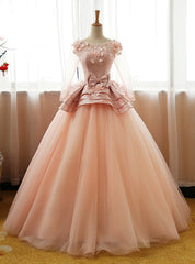 Long Prom Dresses Party Gown 3D Floral Flower Long Sleeves Puffy Tulle