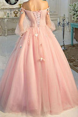 Long Sleeve Pearl Pink Off The Shoulder With Hand-made Flower Quinceanera Dress