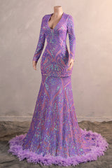 Long Sleeve Purple Prom Dresses for Teens Black Girls Luxury Feather Hem Plus Size Evening Gown Women's Sequin Party Dress