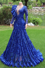 Long Sleeves Royal Blue Prom Dresses Sequin Mermaid Long Formal Dresses